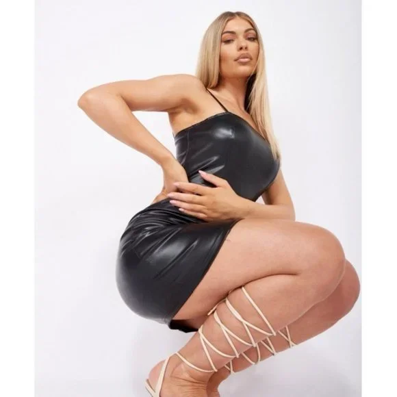 Black Vegan Leather Faux Leather Sleeveless Front Slit Bodycon Mini Dress - Picture 10 of 12